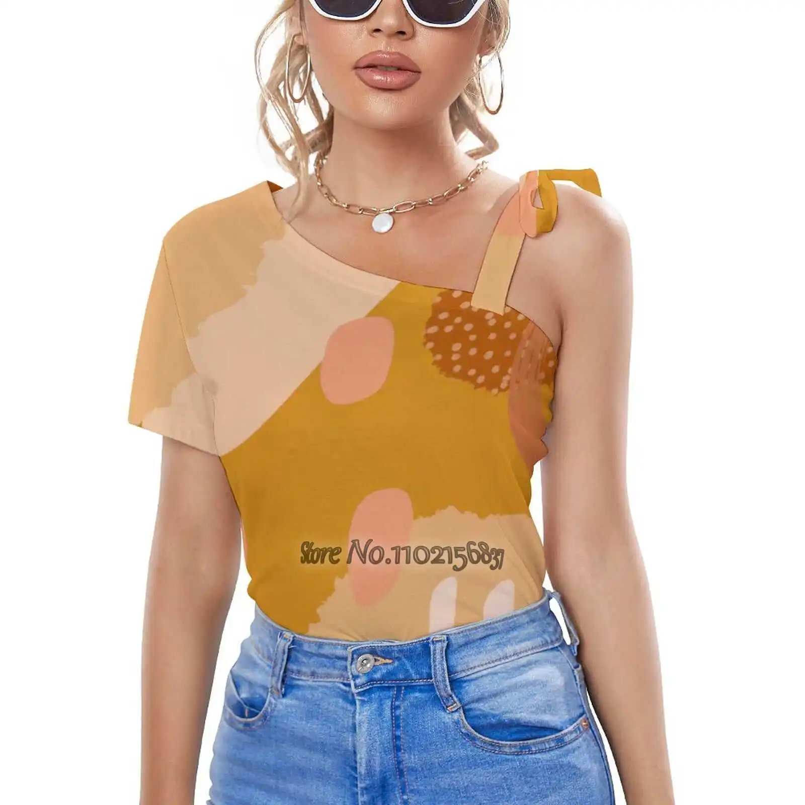 

Rust Abstract Digital Painting Sexy T-Shirt Casual Tops One Shoulder Lacing T Shirts Korean T-Shirts Emily Zigo Tropical Plant