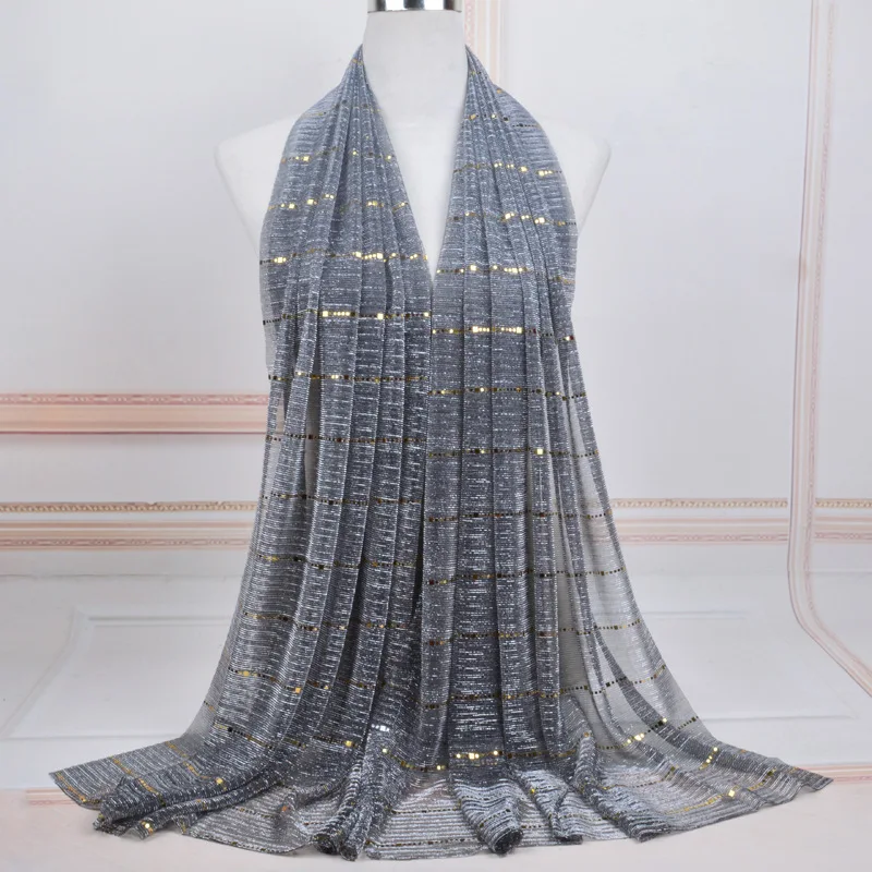 

180x70cm High-quality Ladies Long Scarves Trendy Women Gold Silk Striped Shawl Scarf Sequined Breathable Muffler