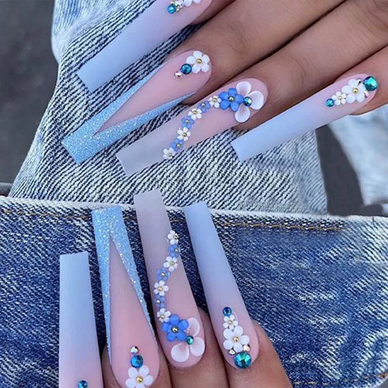 

3D long fake nails set press on french coffin tips Pink Blue Gradient Camellia flower with diamond design faux ongles false nail