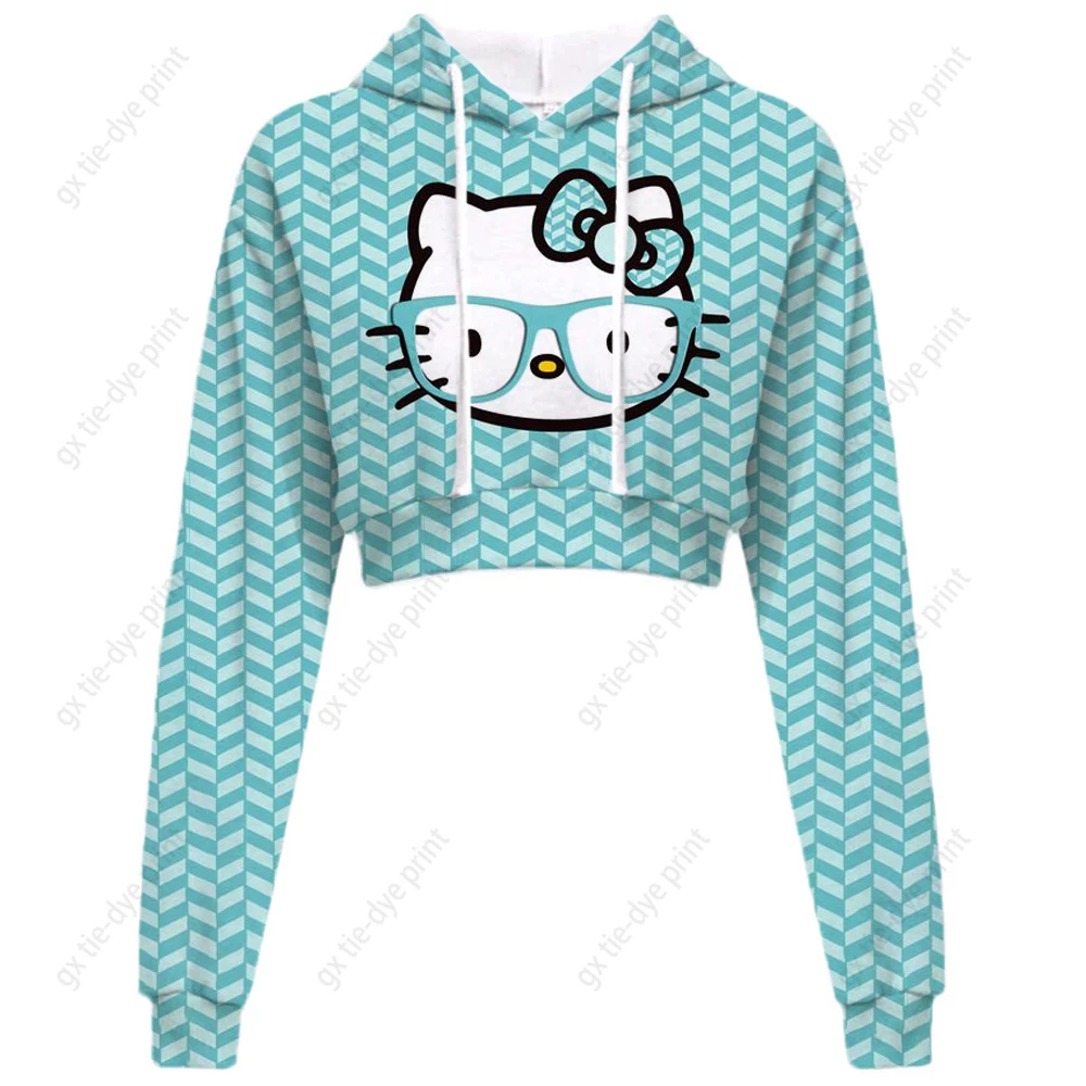 

Укороченная Толстовка Hello Kitty, женские толстовки для девочек, милые корейские пуловеры с круглым вырезом, плотная осенне-зимняя одежда ярких цветов с вафельным узором