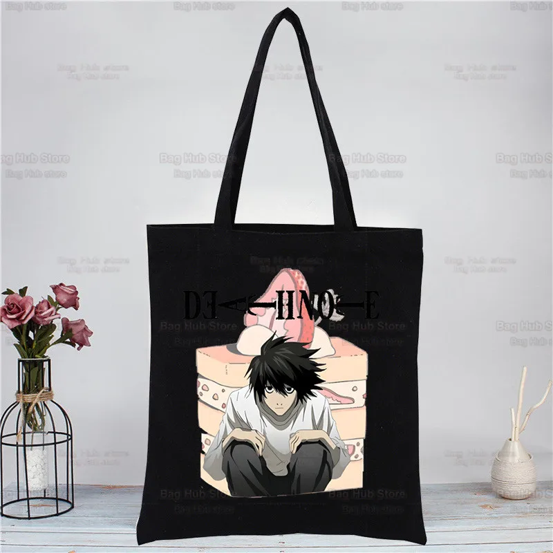 

Death Note Anime L Ryuk Shopping Black Bags Canvas Tote Bag Reusable Cloth Bag Ryuuku Animation Collectable Handbag Shoulder Bag