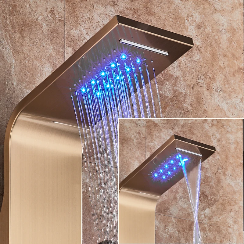 Golden Shower Panel Waterfall Rain Shower Column Wall Mounted LED Light Bathroom Shower System Swivel Massage Jet Bidet Sprayer
Golden Shower Panel Waterfall Rain Shower Column Wall Mounted LED Light Bathroom Shower System Swivel Massage Jet Bidet Sprayer