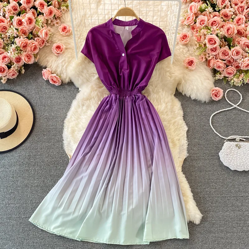 Summer Elegant Pleated Dress Women Short Sleeve Gradient Shirt Dreses Ladies Casual High Waist Midi Dress Long Robe
Summer Elegant Pleated Dress Women Short Sleeve Gradient Shirt Dreses Ladies Casual High Waist Midi Dress Long Robe
