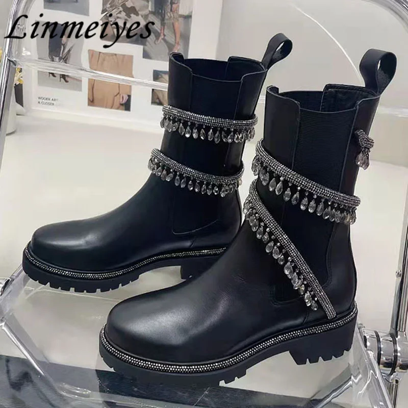 Fashion Crystal Pendant Flat Boots Women Pearl Leather Round Toe Chelsea Boots Lady Ankle Wrap Elastic Band Slip-On Boots Women
Fashion Crystal Pendant Flat Boots Women Pearl Leather Round Toe Chelsea Boots Lady Ankle Wrap Elastic Band Slip-On Boots Women