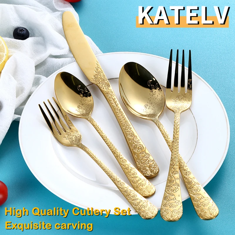 High Quality Cutlery Set Handle Exquisite carving Stainless Steel Golden Tableware Knife Fork Spoon Flatware Set Silverware Set
High Quality Cutlery Set Handle Exquisite carving Stainless Steel Golden Tableware Knife Fork Spoon Flatware Set Silverware Set