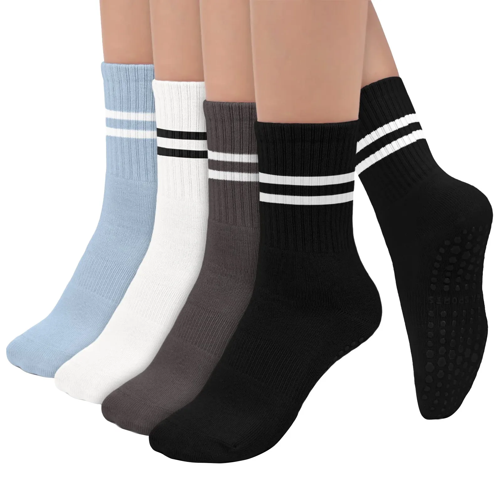 

4ps Women'S Socks Fall And Winter Mid-Calf Striped Yoga Non-Slip Sports Socks Indoor Fitness Non-Slip Silent Floor Yoga Stocks