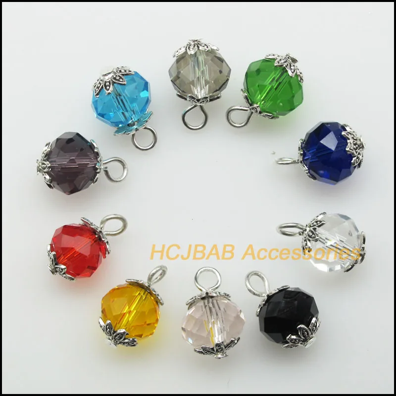 

20Pcs Antique Silver Color Mixed Crystal Round Faceted Beads Lotus Flower Cap Charms Pendants 10x15mm