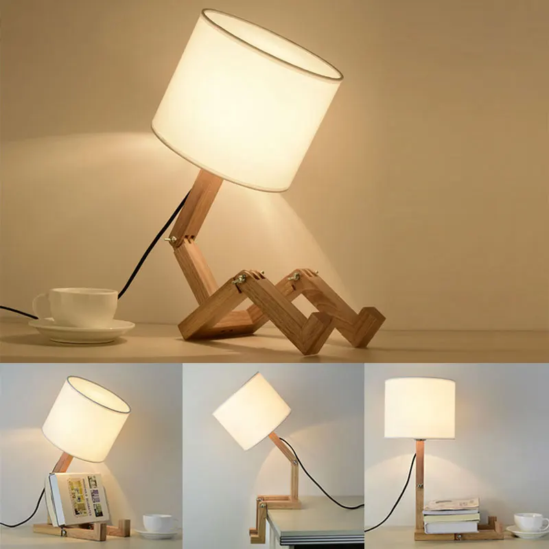 

Modern Robot Wooden Table Lamp Cloth Lampshade Creative Lighting LED Art Wood Desk Lamp Shape Parlor Indoor Study Night Light