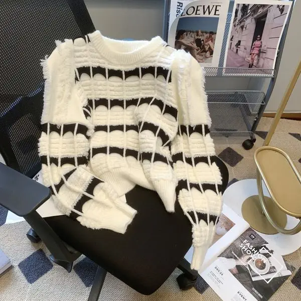 Женский вязаный свитер в полоску, свободный утепленный пуловер в Корейском стиле, модель Z27 на осень и зиму, 2023 
Женский вязаный свитер в полоску, свободный утепленный пуловер в Корейском стиле, модель Z27 на осень и зиму, 2023