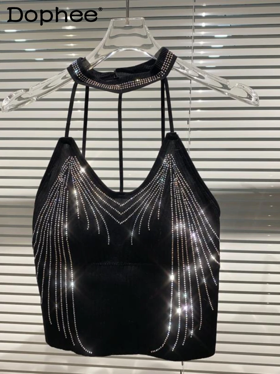 2022 Summer New Vertical Rhinestone Halter Vest Women Sexy Socialite Knitted Cotton Sling Tube Top Nightclub Beach Black Camis
2022 Summer New Vertical Rhinestone Halter Vest Women Sexy Socialite Knitted Cotton Sling Tube Top Nightclub Beach Black Camis