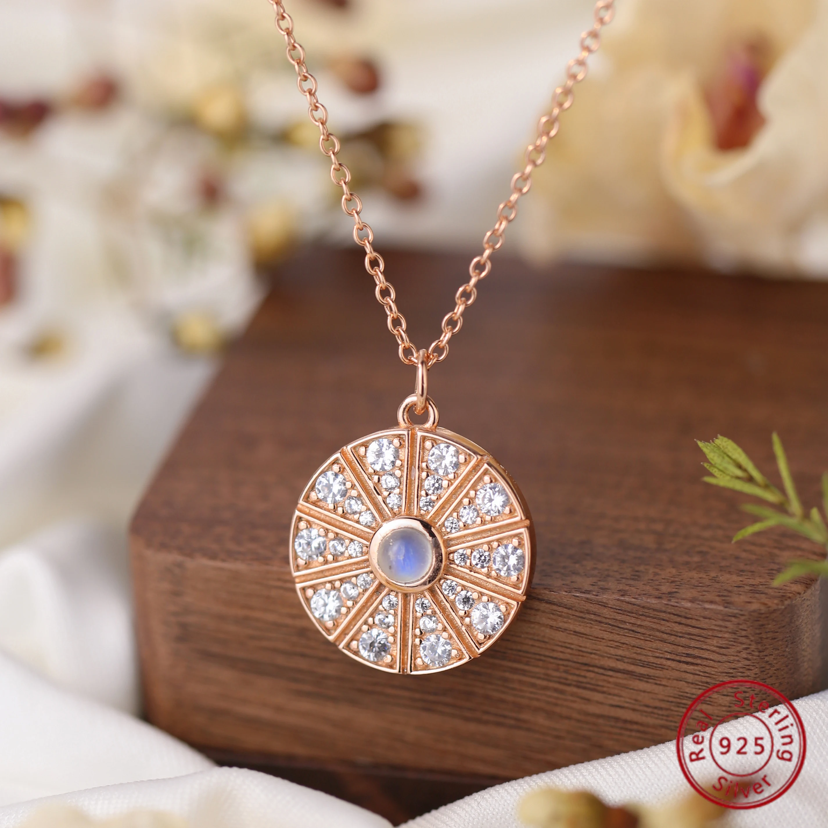 

Элегантное круглое Ожерелье S925 с лунным камнем и цирконом, сверкающие ювелирные изделия