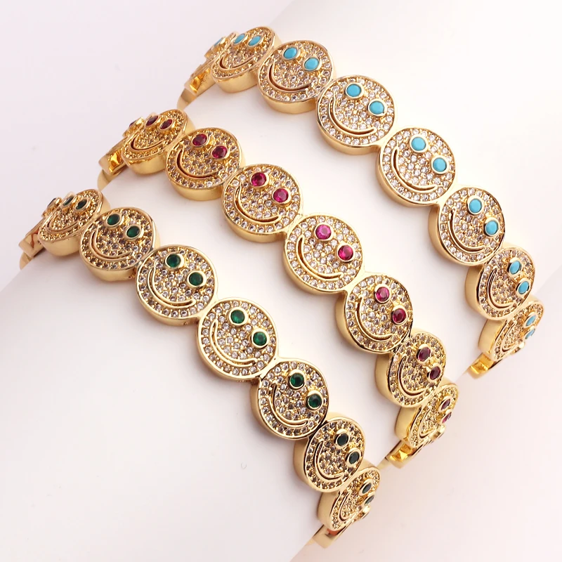 

New Arrival Smile Happy Face Bangles Gold Plated Cubic Zirconia Round Smiley Cuffs Bracelets for Women Classic Party Gift
