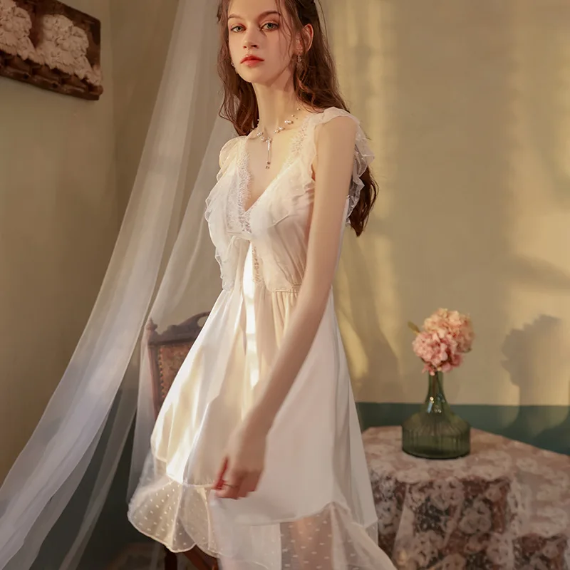 Sexy Nightwear Women Deep V Bow Ruffle Nightgown Lace Patchwork Backless Sleepwear Female Nightdress Chiffon Homewear nighty
Sexy Nightwear Women Deep V Bow Ruffle Nightgown Lace Patchwork Backless Sleepwear Female Nightdress Chiffon Homewear nighty