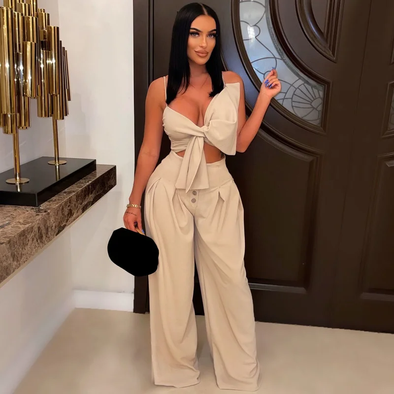 WUHE Solid Two Piece Set Big Bow Spaghetti Strap Crop Top + Wide Leg Pants Women Suits Hollow Out Club Party Clothes
WUHE Solid Two Piece Set Big Bow Spaghetti Strap Crop Top + Wide Leg Pants Women Suits Hollow Out Club Party Clothes