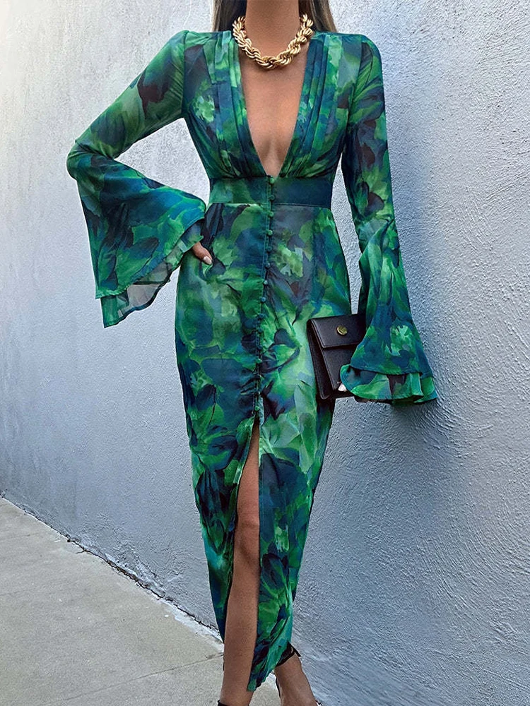 Boho Print Long Dresses Women Summer Sexy V Neck See Through Dress Female Flare Sleeve Tie-dye Ruffles Slim Beach Holiday Dress
Boho Print Long Dresses Women Summer Sexy V Neck See Through Dress Female Flare Sleeve Tie-dye Ruffles Slim Beach Holiday Dress