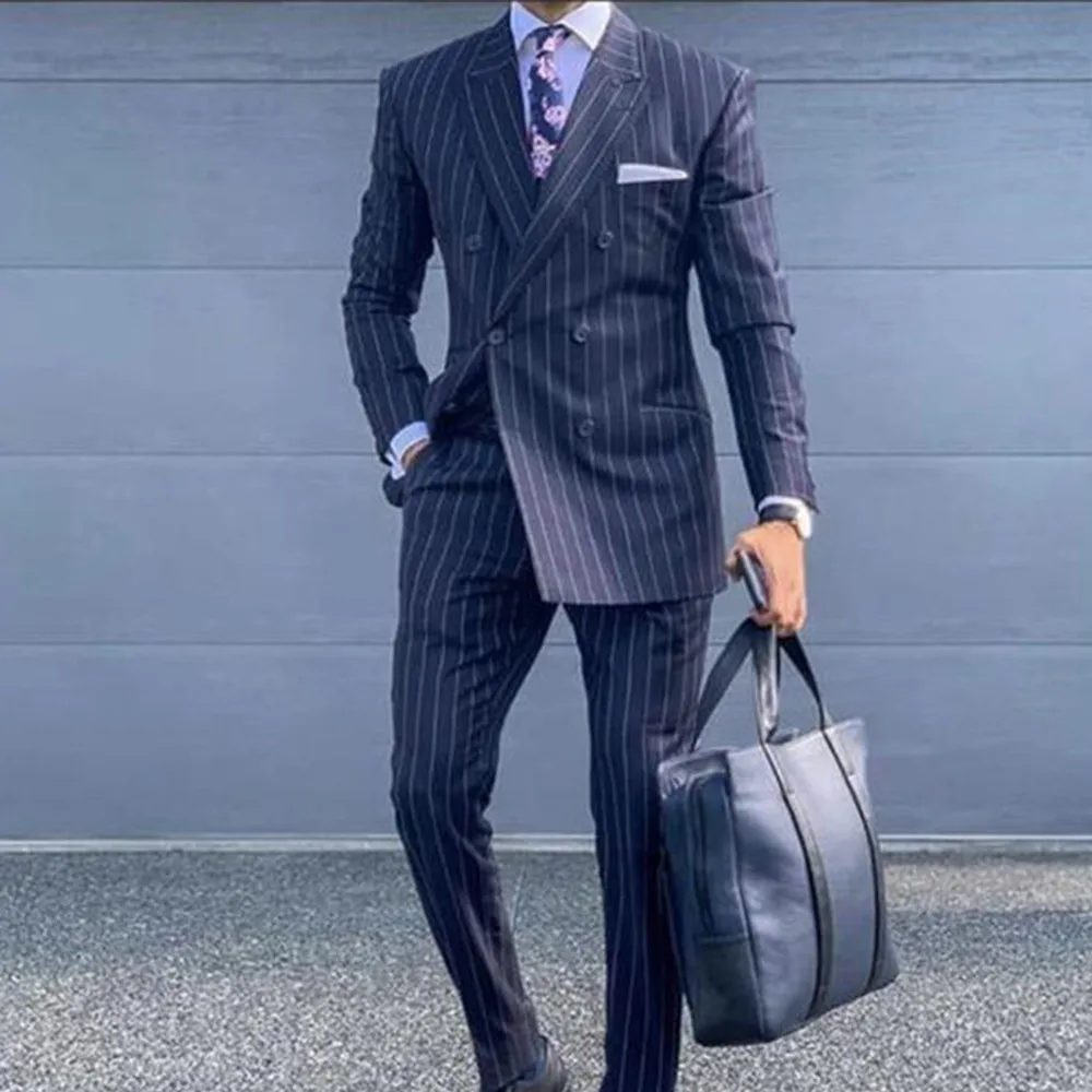 Mens Suit Navy Blue Pinstripe Double Breasted Tuxedo Suits For Men Slim Fit Men Blazer Jacket Pants 2 Piece Costume Homme 2022
Mens Suit Navy Blue Pinstripe Double Breasted Tuxedo Suits For Men Slim Fit Men Blazer Jacket Pants 2 Piece Costume Homme 2022