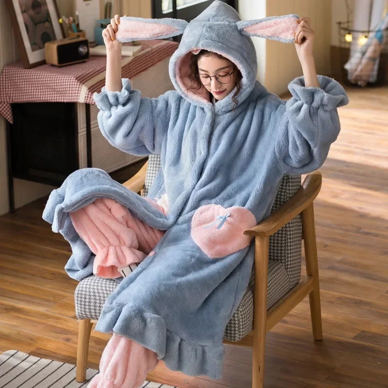 Winter Flannel Pajamas Sets For Women Cute Rabbit Ears Hooded Nightgown Thicken Warm Sleepwear Sweet Girls Pyjamas Sleep Dress
Winter Flannel Pajamas Sets For Women Cute Rabbit Ears Hooded Nightgown Thicken Warm Sleepwear Sweet Girls Pyjamas Sleep Dress