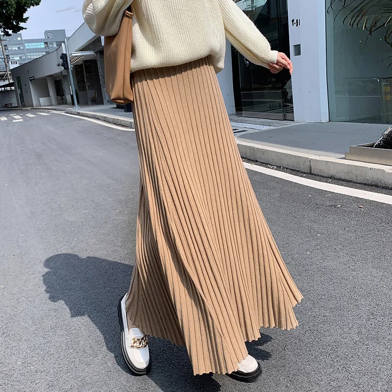 

Плотная трикотажная Женская юбка в японском и корейском стиле, осенне-зимняя трапециевидная юбка с высокой талией, облегающая юбка с разрезом