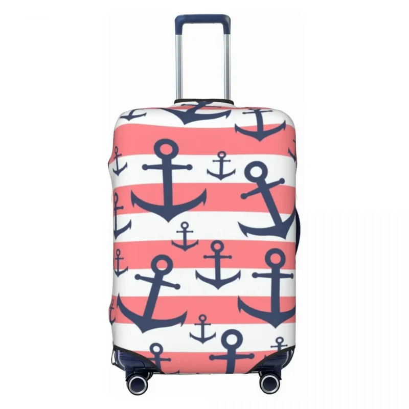 

Nautical Coral Stripe Navy Blue Anchor Pattern Travel Luggage Cover Sailing Sailor Suitcase Cover Protector Fit 18-32 Inch