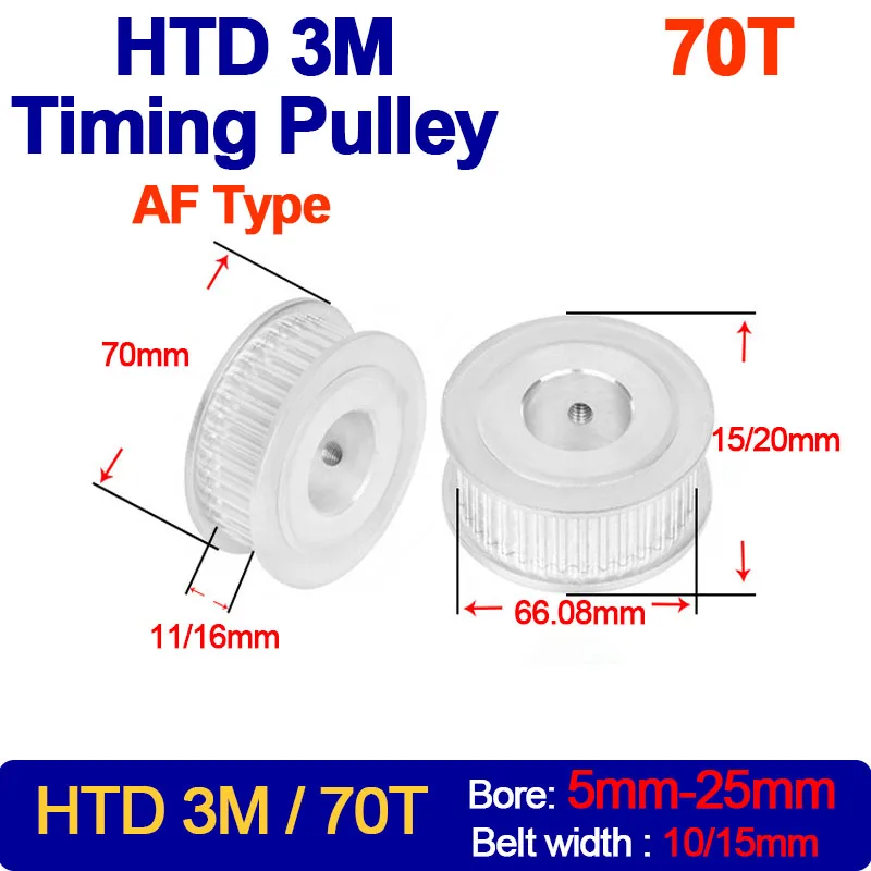

1PC 70Teeth HTD 3M Timing Pulley Teeth Pitch 3mm Bore 5mm-25mm For HTD3M Synchronous Belt Width 10/15mm 70T 70 Teeth AF Type