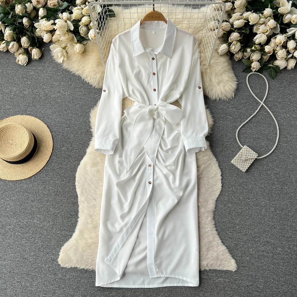 Spring Autumn Elegant Maxi Dresses for Women Single Breasted Lapel White Dress Female Bow Lace Up Thin Chiffon Office Lady New
Spring Autumn Elegant Maxi Dresses for Women Single Breasted Lapel White Dress Female Bow Lace Up Thin Chiffon Office Lady New