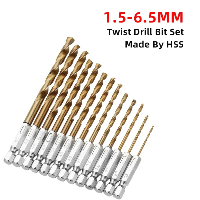 13 Pcs Titanium Twist Drill Btis Set 1/4 Hex Shank 1.5-6.5mm Multi-specification Milling Cutter For Woodworking Carpentry Tools
13 Pcs Titanium Twist Drill Btis Set 1/4 Hex Shank 1.5-6.5mm Multi-specification Milling Cutter For Woodworking Carpentry Tools