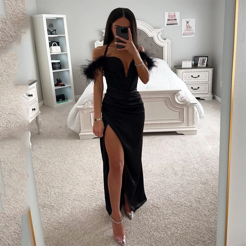 Black Sexy Off Shoulder Stretchy Feather Evening Dress Mermaid Side Split Floor Length Prom Party Gown 2023 فستان سهرة 
Black Sexy Off Shoulder Stretchy Feather Evening Dress Mermaid Side Split Floor Length Prom Party Gown 2023 فستان سهرة