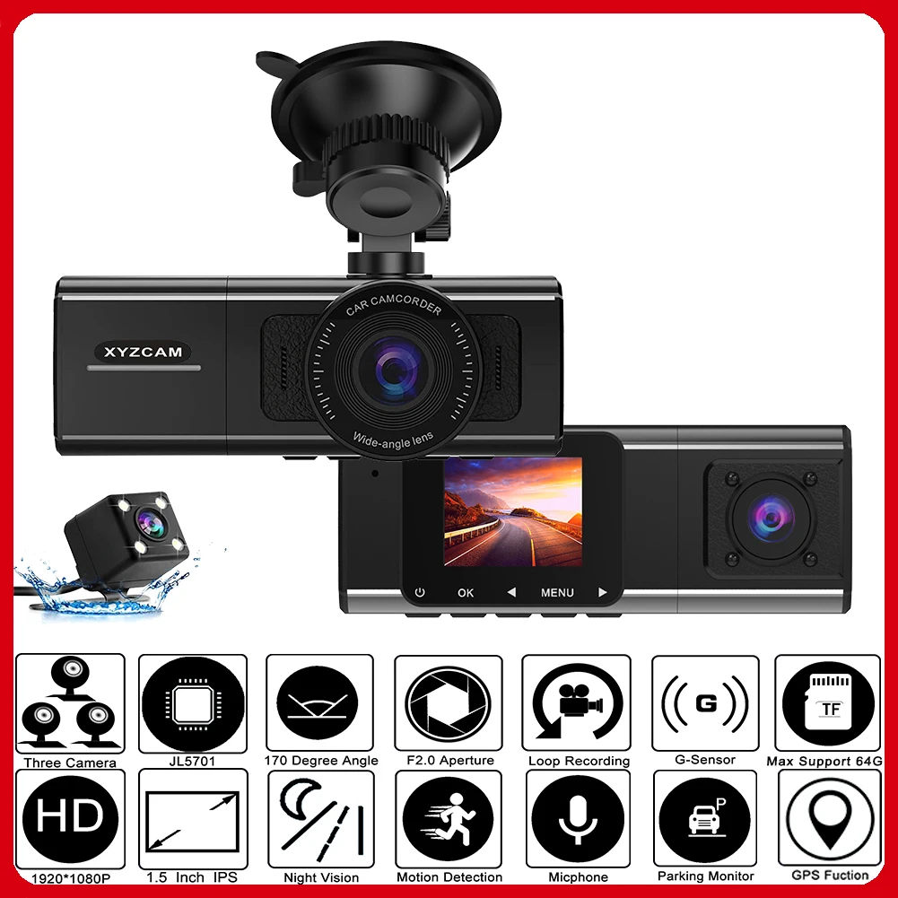 XYZCAM Car DVR Dashcam Three Lens 3 Channel Camera Rear Vision FHD 1080P 1.5 Inch Parking Guard Auto Video Recorder Dash Cam
XYZCAM Car DVR Dashcam Three Lens 3 Channel Camera Rear Vision FHD 1080P 1.5 Inch Parking Guard Auto Video Recorder Dash Cam