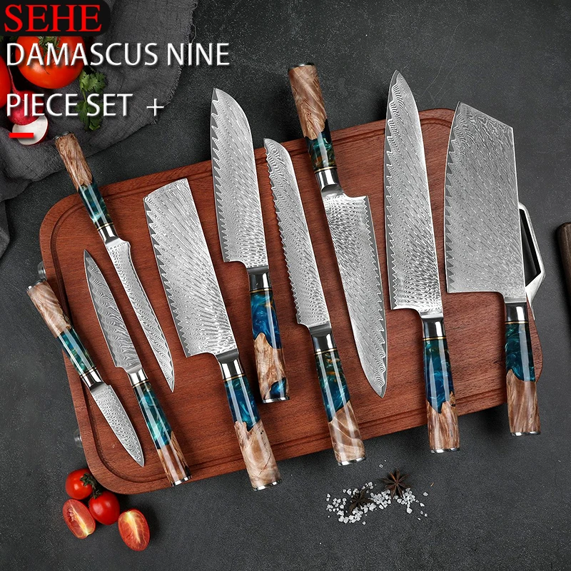 Cleaver knife Kitchen Knives-Set Damascus Steel VG10 Chef Knife Cleaver Paring Bread Knife Blue Resin and Wood Handle 1-9PCS set
Cleaver knife Kitchen Knives-Set Damascus Steel VG10 Chef Knife Cleaver Paring Bread Knife Blue Resin and Wood Handle 1-9PCS set