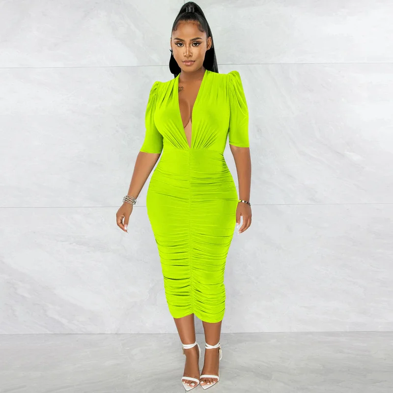 WUHE Sexy Fashion Royal Blue Short Sleeve Ruched Midi Dress Women Stretchy Deep V Neck Pleated Bodycon Party Club Dress Clubwear
WUHE Sexy Fashion Royal Blue Short Sleeve Ruched Midi Dress Women Stretchy Deep V Neck Pleated Bodycon Party Club Dress Clubwear