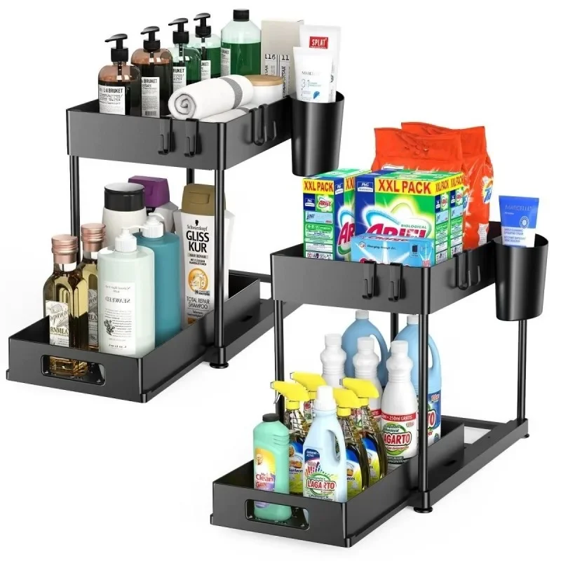 2 Tier Under Sink Organizer Sliding Cabinet Basket Organizer Storage Rack with Hooks Hanging Cup Bathroom Kitchen Organizer
2 Tier Under Sink Organizer Sliding Cabinet Basket Organizer Storage Rack with Hooks Hanging Cup Bathroom Kitchen Organizer