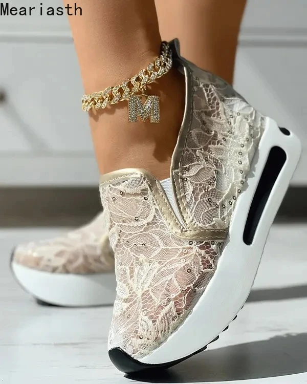 

Женские сетчатые кроссовки на танкетке Meariasth, Повседневные Удобные туфли на танкетке, без застежки, с цветочной вышивкой