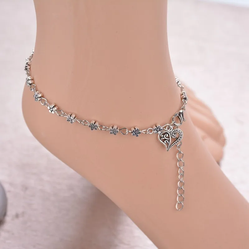 

New Fashion Foot Chain Tibetan Silver Hollow Plum Daisy Flowers Heart-Shaped Anklet For Women Bohemia Silver Foot Beach Anklets