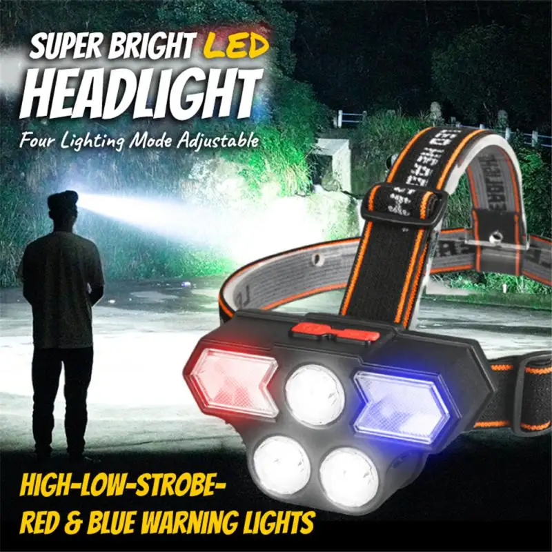 Суперъяркий 5-диодный налобный фонарь с зарядкой от USB, 4 режима, регулируемый, красный, синий, предупреждающий фонарь, Налобный фонарик для ночной рыбалки