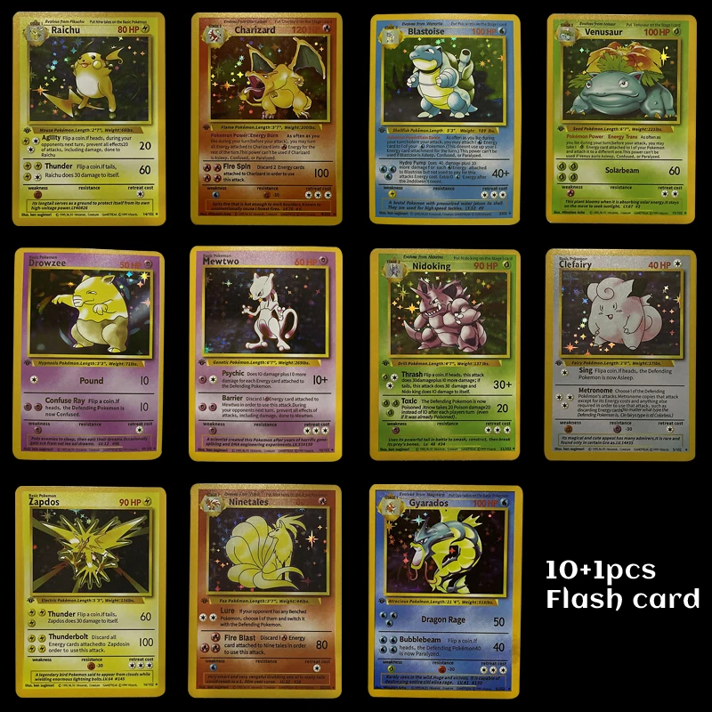 10PCS+1 NEW 1996 Years DIY Pokemon Flash Cards Charizard Blastoise Venusaur Ninetales Mewtwo Zapdos Game Collection Cards
10PCS+1 NEW 1996 Years DIY Pokemon Flash Cards Charizard Blastoise Venusaur Ninetales Mewtwo Zapdos Game Collection Cards