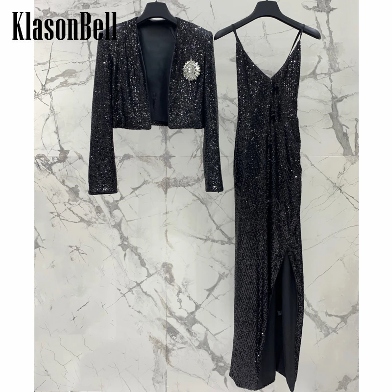 

7.5 KlasonBell Elegant Sequins Diamonds Crystal Badge Short Jacket Or Suspender Sexy Split Slim Long Dress Set Women