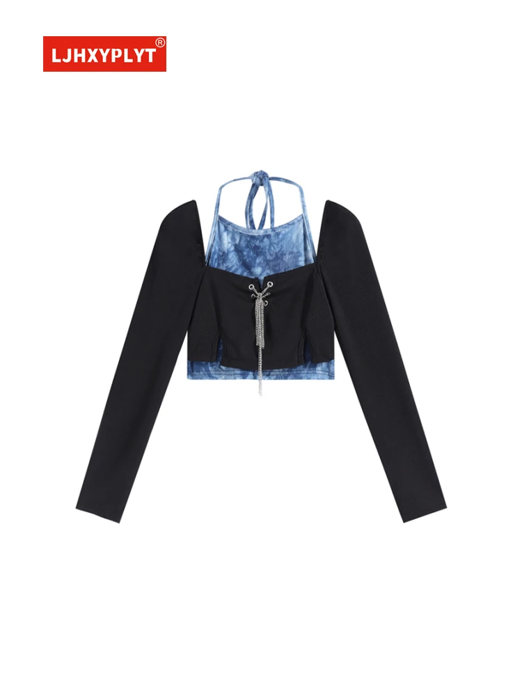 Fake Two-piece Tie-dye High-waisted T-shirt Women's Spring And Summer New Design Lace-up Chain Long-sleeve Slim Short Top Female
Fake Two-piece Tie-dye High-waisted T-shirt Women's Spring And Summer New Design Lace-up Chain Long-sleeve Slim Short Top Female
