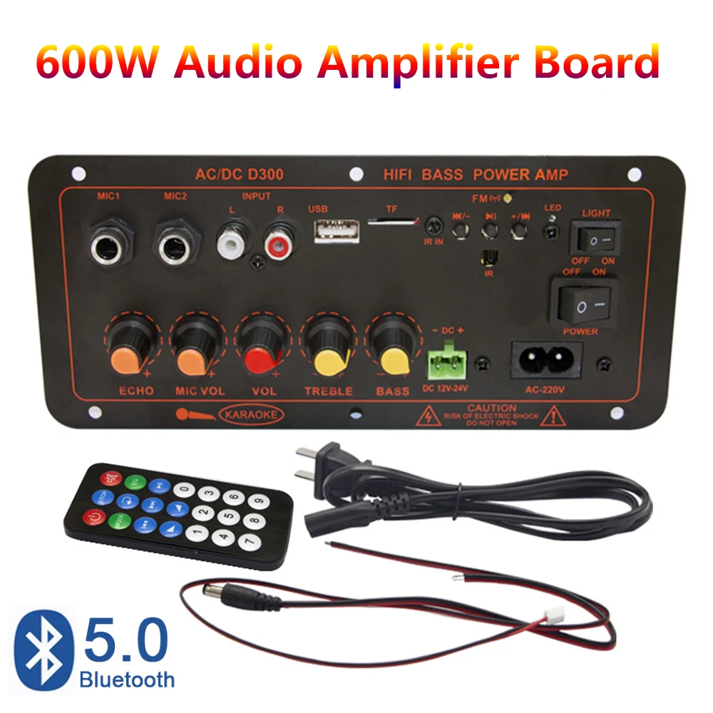 

600W Bluetooth 5.0 Audio Amplifier Board D300 Dual Microphone Subwoofer Amplifier Module DC12V 24V 1CH HIFI Stereo Power AMP