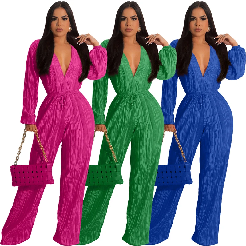 Женский плиссированный комбинезон с V-образным вырезом и длинным рукавом-фонариком 
Женский плиссированный комбинезон с V-образным вырезом и длинным рукавом-фонариком