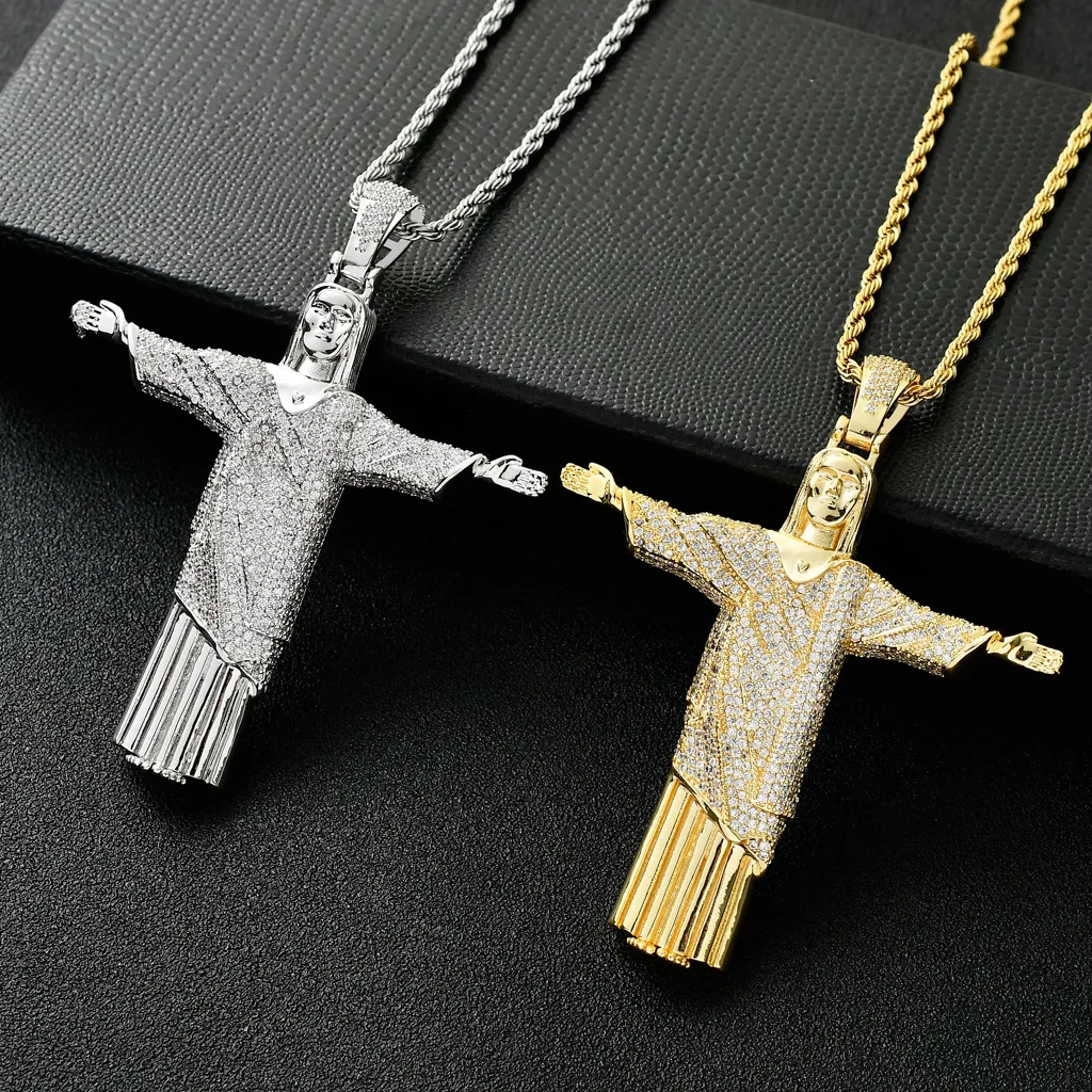 

Кулон в стиле хип-хоп с большим крестом Иисуса Христа, ожерелье золотого и серебряного цвета с фианитами, подарок для мужчин и женщин