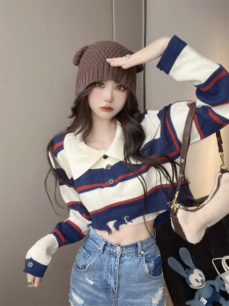 American Retro Stripe Autumn Winter Knitted Pullover Y2K Preppy Polo Collar Long Sleeve Loose Casual Streetwear Sweater Women
American Retro Stripe Autumn Winter Knitted Pullover Y2K Preppy Polo Collar Long Sleeve Loose Casual Streetwear Sweater Women