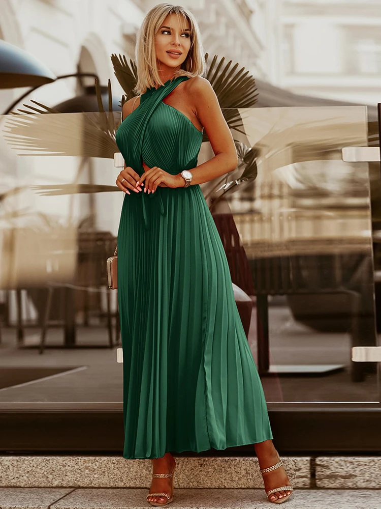 Summer New Women's Dress Fashion Solid Color Sexy Hollow Lace Temperament Cross Halter Neck Wrap Chest Pleated Women's Dress
Summer New Women's Dress Fashion Solid Color Sexy Hollow Lace Temperament Cross Halter Neck Wrap Chest Pleated Women's Dress