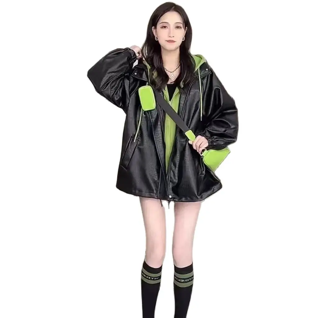 2023 New Spring Autumn Fake Two Piece Hooded Pu Leather Coat Womens Clothes Streetwear Loose Motorcycle Jackets Girls Tops BC516
2023 New Spring Autumn Fake Two Piece Hooded Pu Leather Coat Womens Clothes Streetwear Loose Motorcycle Jackets Girls Tops BC516
