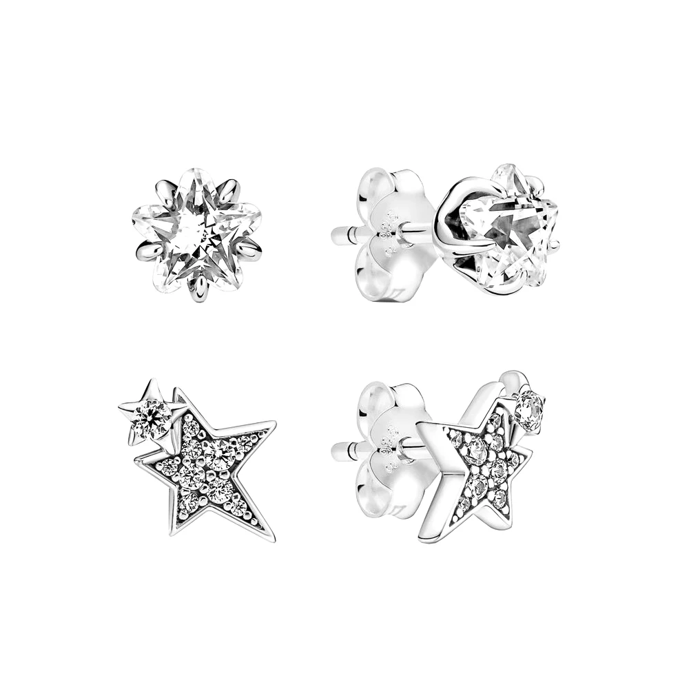 

925 Silver Sparkling Asymmetric Stars Stud Earrings fit for Pandora Original Birthday Party Trendy Woman Jewelry Gift