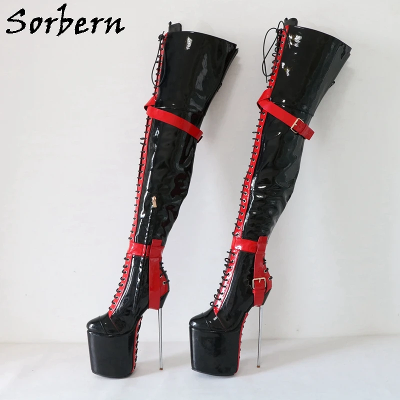 

Sorbern 22Cm Metal High Heel Boots Crotch Thigh High Red Straps Thick Platform Shoes Lace Up Fetish Unisex Shoes For Drag Queen