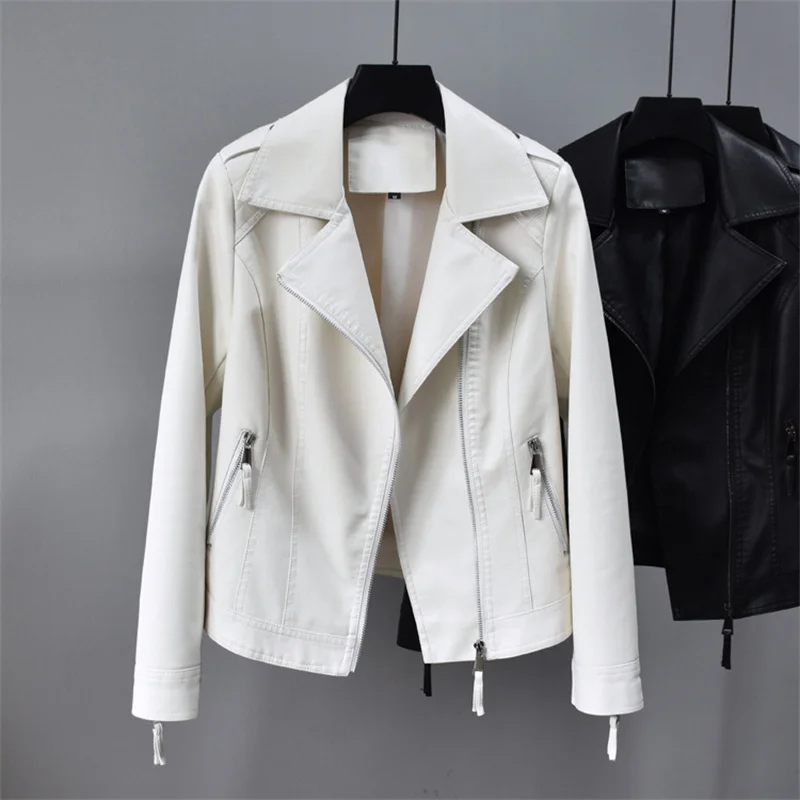 Korean Slim Short Fuax PU Leather Jacket Coat Women White Black Spring Autumn Lapel Long Sleeve Female Biker Jacket Streetwear
Korean Slim Short Fuax PU Leather Jacket Coat Women White Black Spring Autumn Lapel Long Sleeve Female Biker Jacket Streetwear