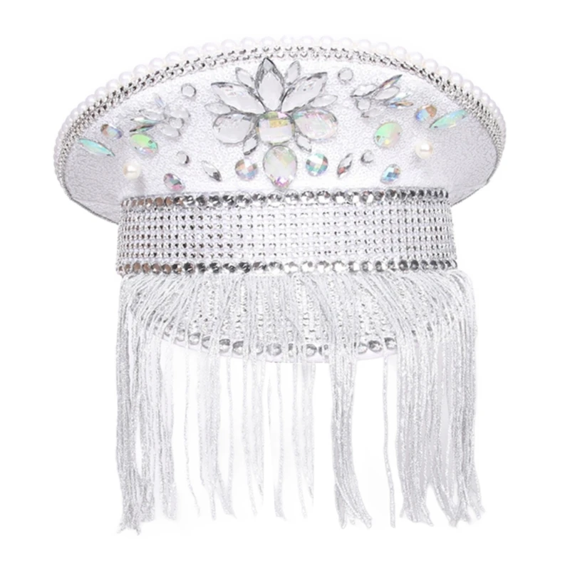 

Diamond-studded Captain Hat Heavy Crystal Hat with Tassels for Girl Boys Hat for Carnivals Music Festival