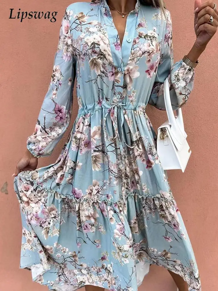 Women Casual Long Sleeve Pleated Party Dress V-neck Buttoned Elastic Waist Lace-up Long Dress Elegant Floral Pattern Boho Dress
Women Casual Long Sleeve Pleated Party Dress V-neck Buttoned Elastic Waist Lace-up Long Dress Elegant Floral Pattern Boho Dress