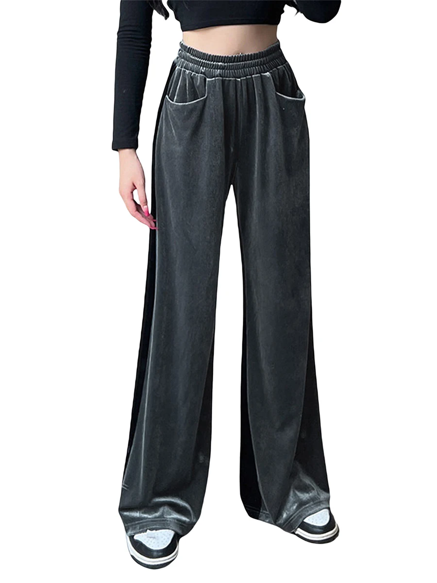 

Женские бархатные брюки YILEEGOO с широкими штанинами, повседневные свободные брюки контрастных цветов с эластичным поясом и карманами