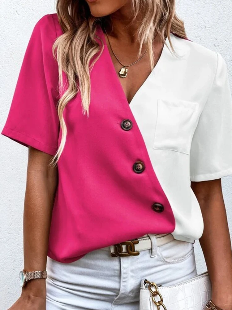 Women's Short-sleeved Shirt Top Summer V Neck Contrast Color Casual Loose Ladies Pullover New Fashion Blouse T-Shirts Streetwear
Women's Short-sleeved Shirt Top Summer V Neck Contrast Color Casual Loose Ladies Pullover New Fashion Blouse T-Shirts Streetwear